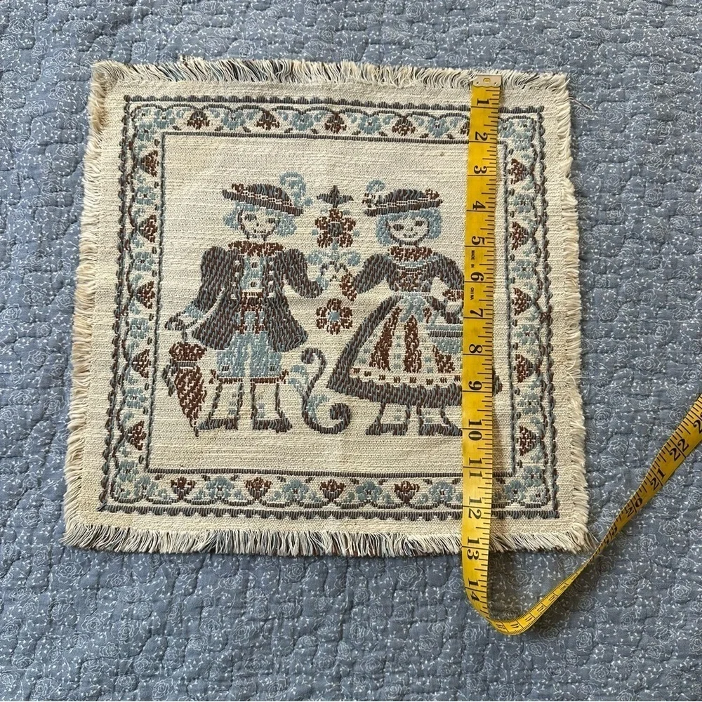 Scandinavian Children Vintage Tapestry w/ Blue & Cream Linen & Cotton Blend 13”